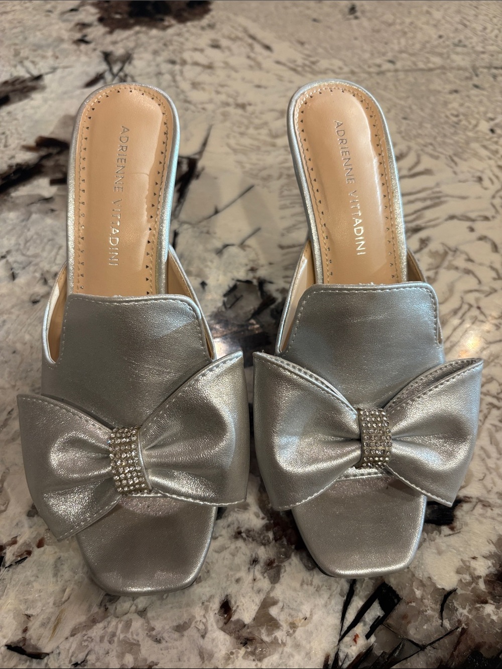 Adrienne Vittadini Metallic Silver Bow Slide Mules